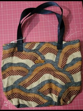 Totally Embroidered Canvas Tote Bag in Burgund, Mustard & Navy